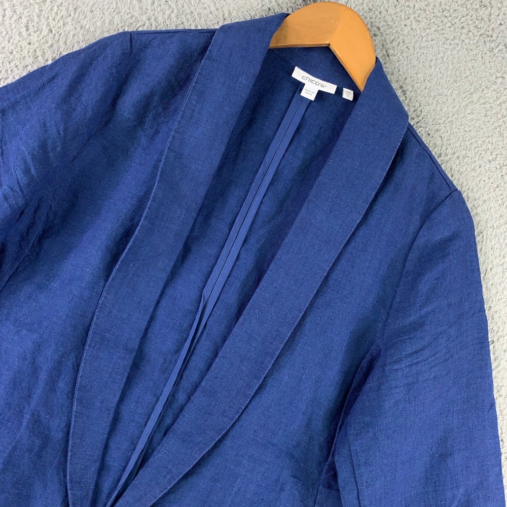 Chico's Brigitte Linen Blazer Women's 0.5 US 6 Blue Open Shawl Collar Pockets